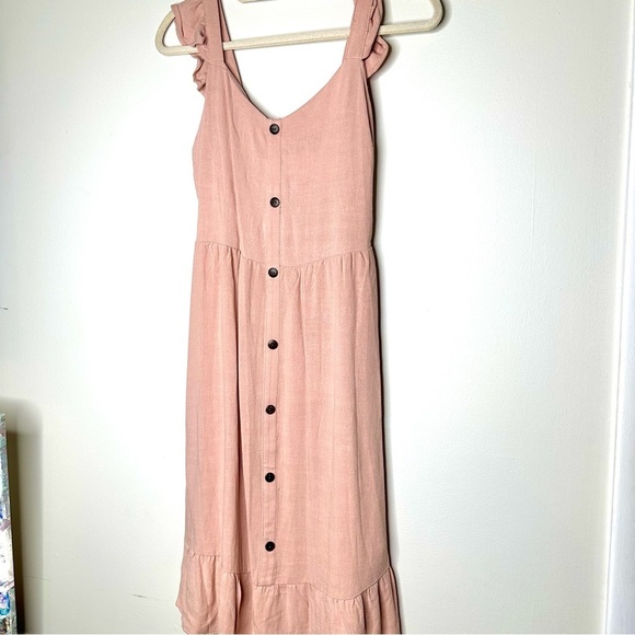 Women’s Monteau Los Angeles Ruffled Sleeve Button Dress Linen Blend Blush Size M - Picture 3 of 10